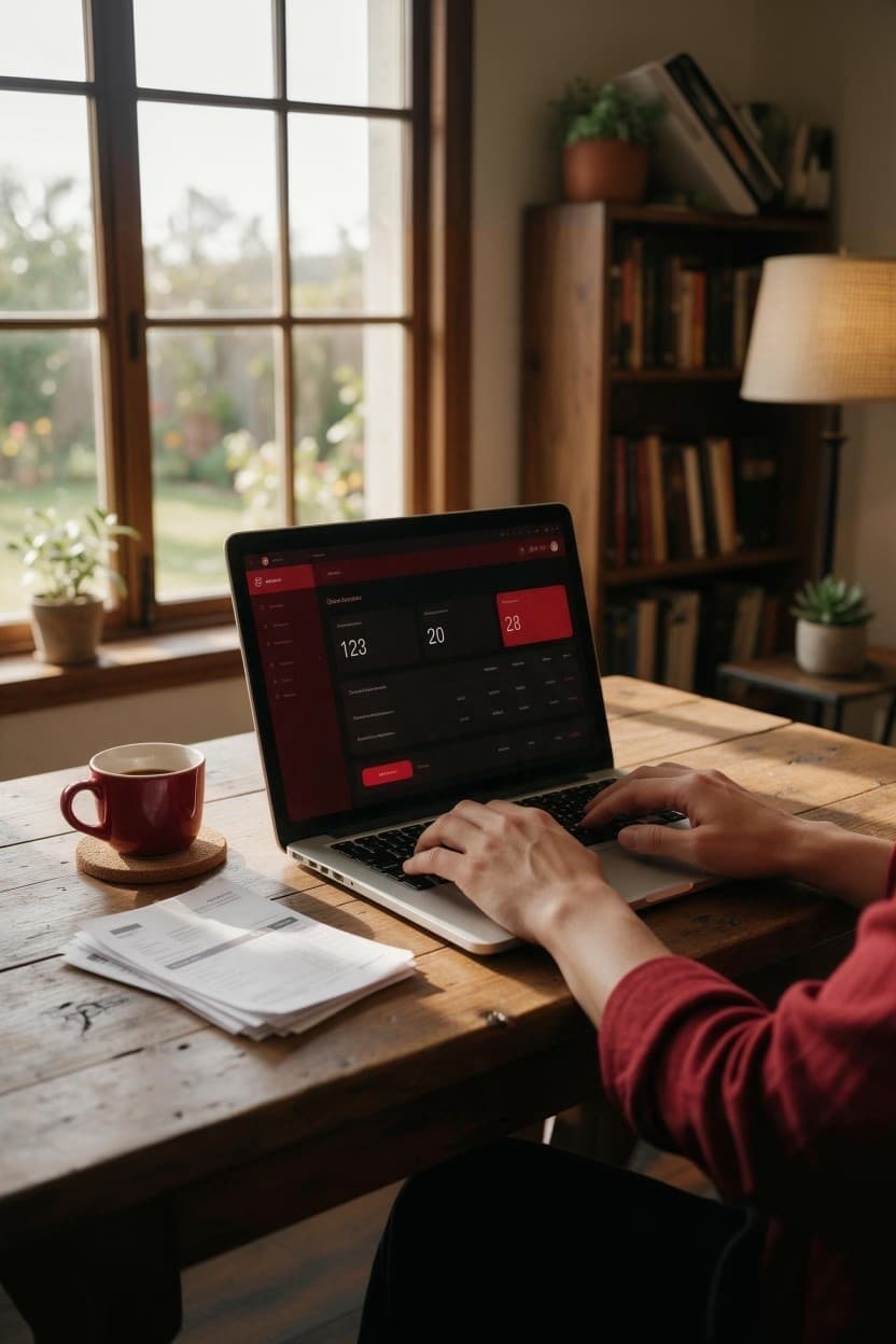 Hands typing an order from a paper invoice into a simple dashboard on a laptop, red mug beside it.